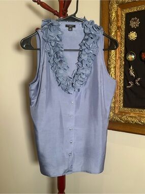 Ann Taylor Silk Sleeveless Blouse Ruffled V-neckline Size SP